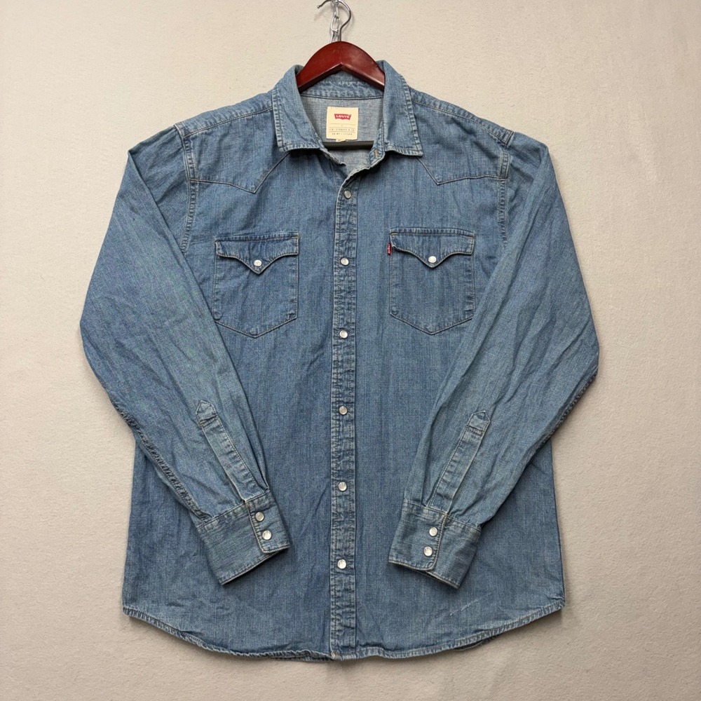 Levi's Denim Shirt Mens L Blue Western Pearl Snap Long Sleeve Cotton Classic